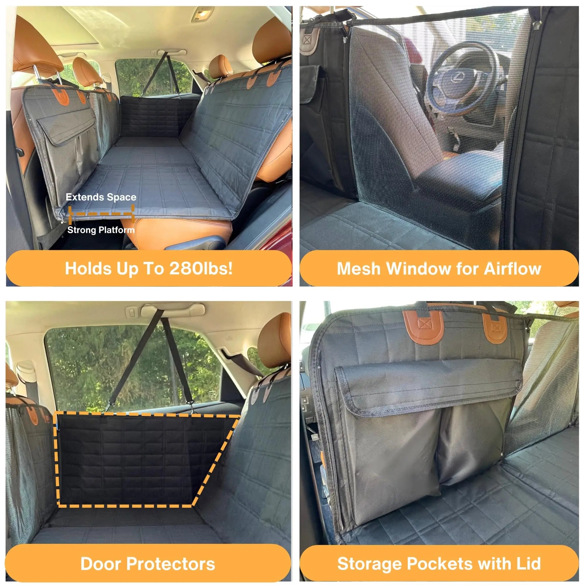 Dog Car Seat Cover for Back Seat, Back Seat Extender for Dogs with Hard Bottom , Scratchproof Hammock Design, Comfortable Travel for Dogs and Cats, Fits Cars SUVs